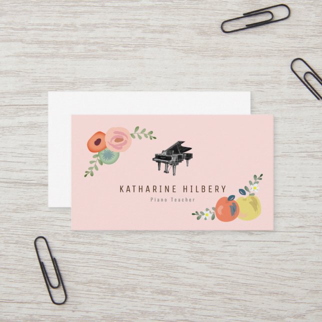 Pink Floral Apple Piano Teacher Business Card (Front/Back In Situ)