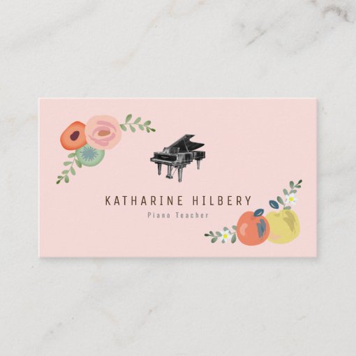 Pink Floral Apple Piano Teacher Business Card Zazzle