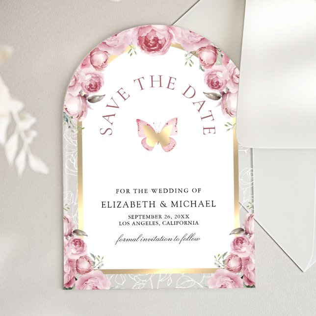 Pink Floral Arch Butterfly Wedding Save the Date (Creator Uploaded)