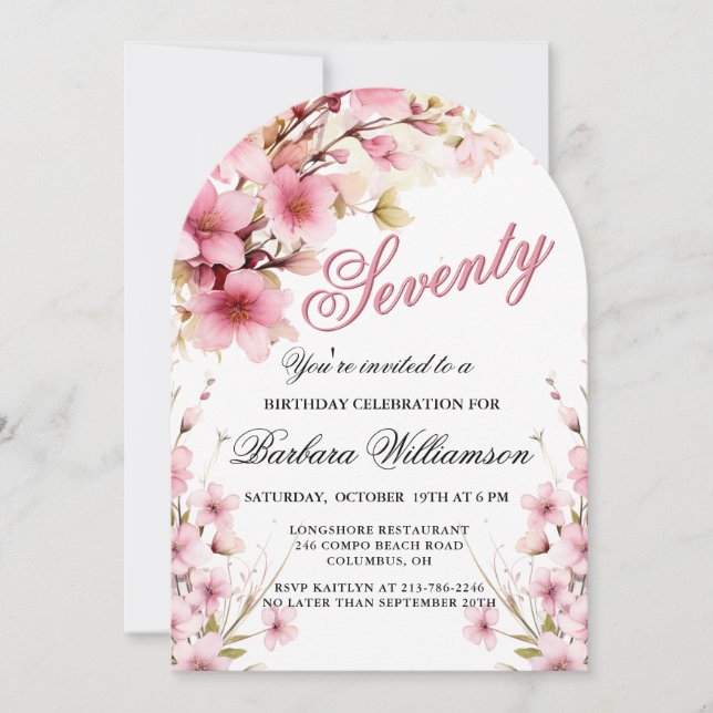 Pink Floral Arch Elegance 70th Birthday Party Invitation (Front)