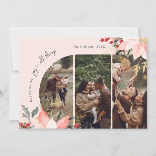 Pink Floral Arch Joy In All Things Three Photo Holiday Card