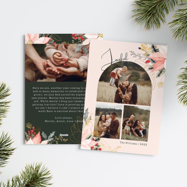 Pink Floral Arch Joyful Four Photo Christmas  Holiday Card (Creator Uploaded)