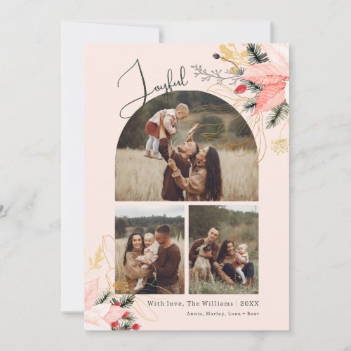 Pink Floral Arch Joyful Three Photo Christmas Holiday Card