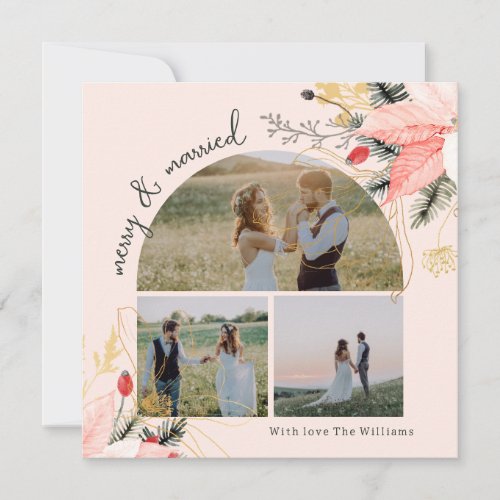 Pink Floral Arch Merry  Married Three Photo Holiday Card