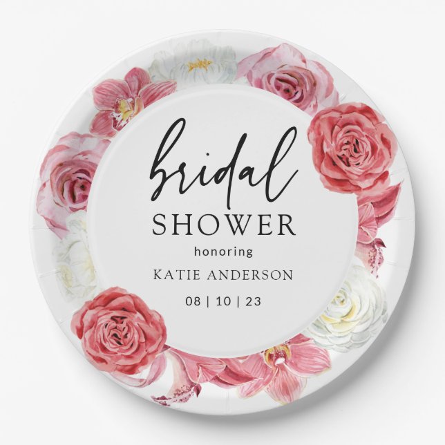 Pink Floral Arch Summer Bridal Shower Paper Plates (Front)