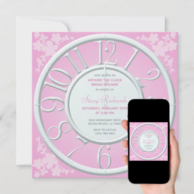 Pink Floral Around the Clock Bridal Shower Invite Zazzle