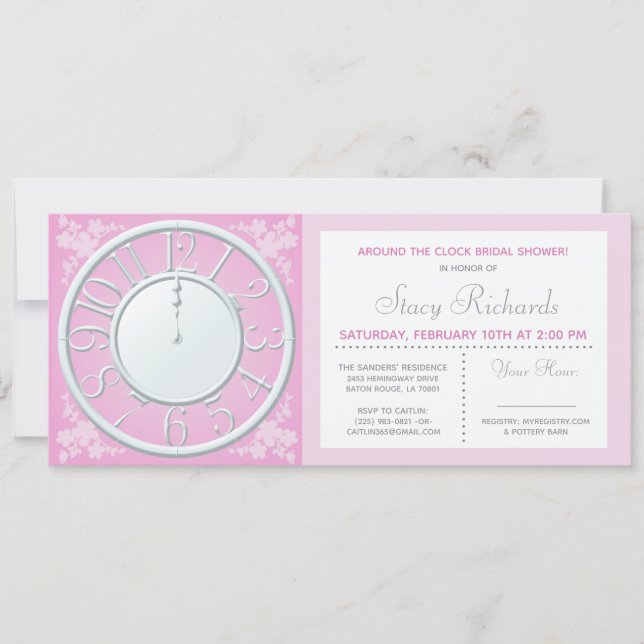 Pink Floral Around the Clock Shower Invite (Front)