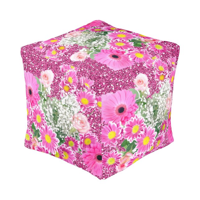 Pink Floral Arrangement Faux Glitter Pouf (Angled Back)