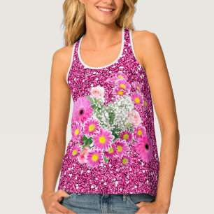 Pink Floral Arrangement Faux Glitter Tank Top