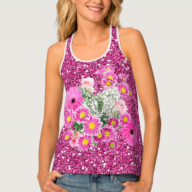 Pink Floral Arrangement Faux Glitter Tank Top (Front)