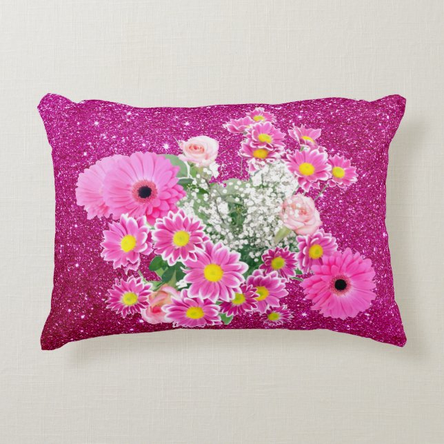 Pink Floral Arrangement Fuschia Faux Glitter Accent Pillow (Front)