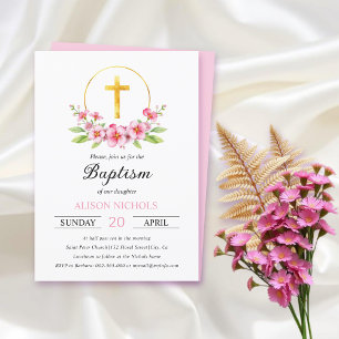 Pink floral arrangement, gold cross girl baptism invitation