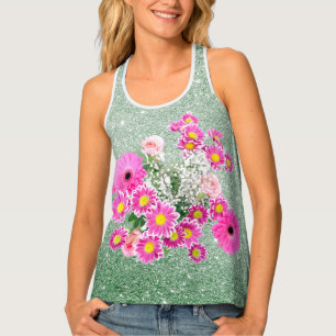 Pink Floral Arrangement Soft Green Faux Glitter Tank Top