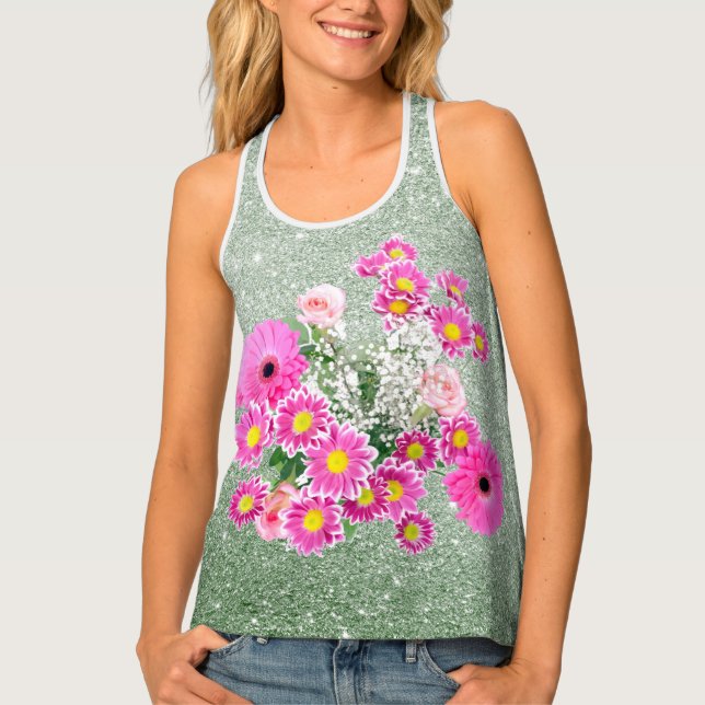 Pink Floral Arrangement Soft Green Faux Glitter Tank Top (Front)