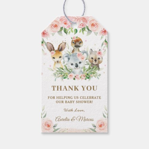 Pink Floral Australian Animals Baby Shower Favor Gift Tags