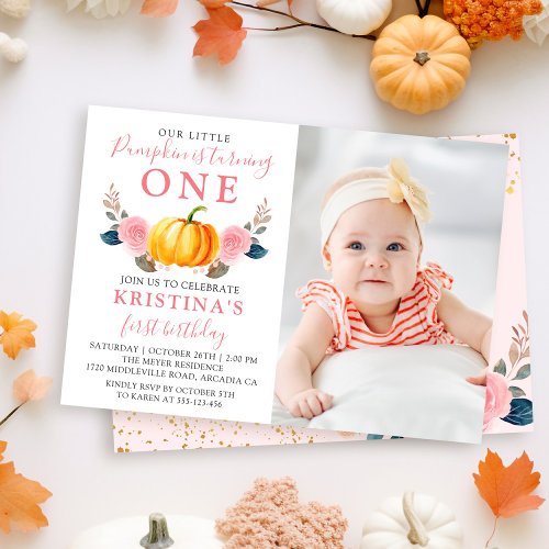 Pink Floral Autumn Pumpkin 1st Birthday Photo Invitation