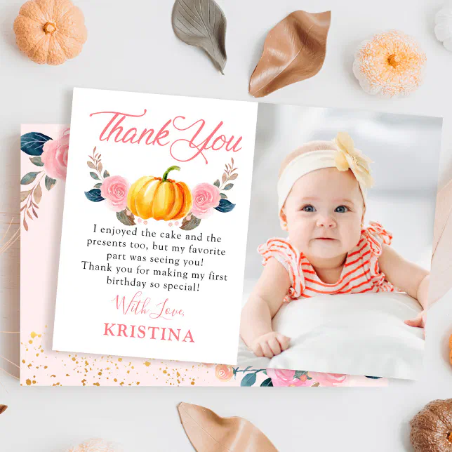 Pink Floral Autumn Pumpkin Fall Birthday Photo Thank You Card | Zazzle