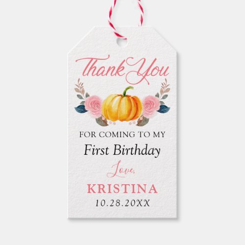 Pink Floral Autumn Pumpkin Fall Birthday Thank You Gift Tags