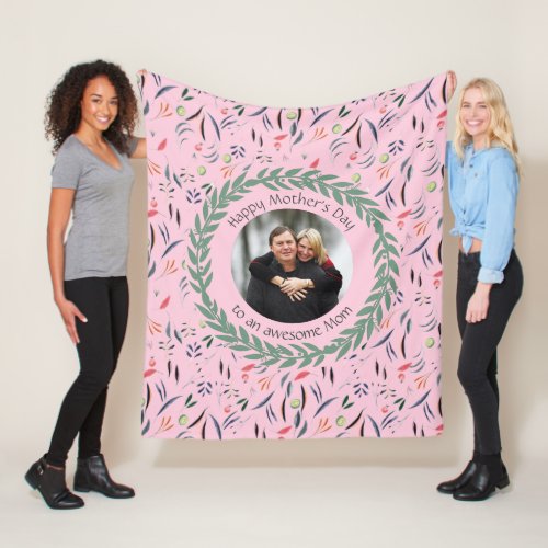 Pink Floral AWESOME MOM with PHOTO Mothers Day Fleece Blanket