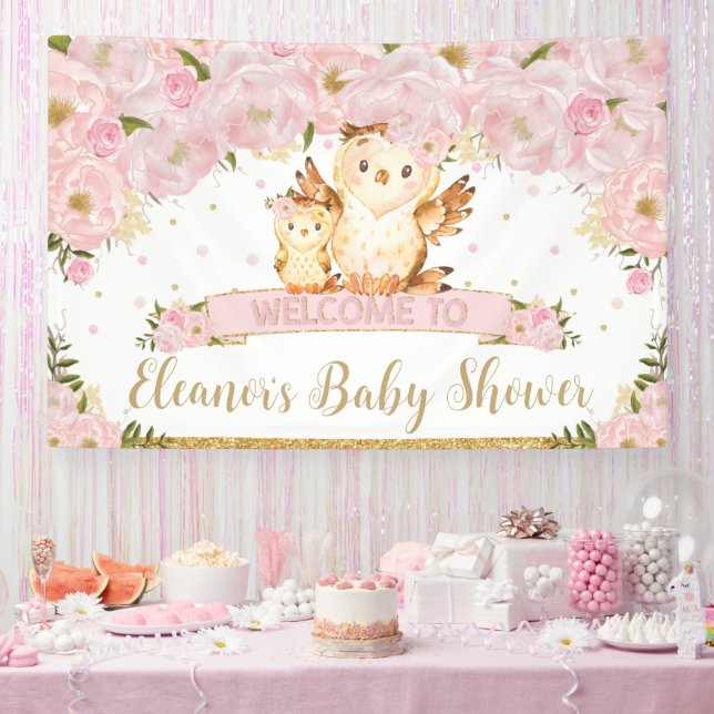 Pink Floral Baby and Mommy Owl Welcome Backdrop Banner (Party)