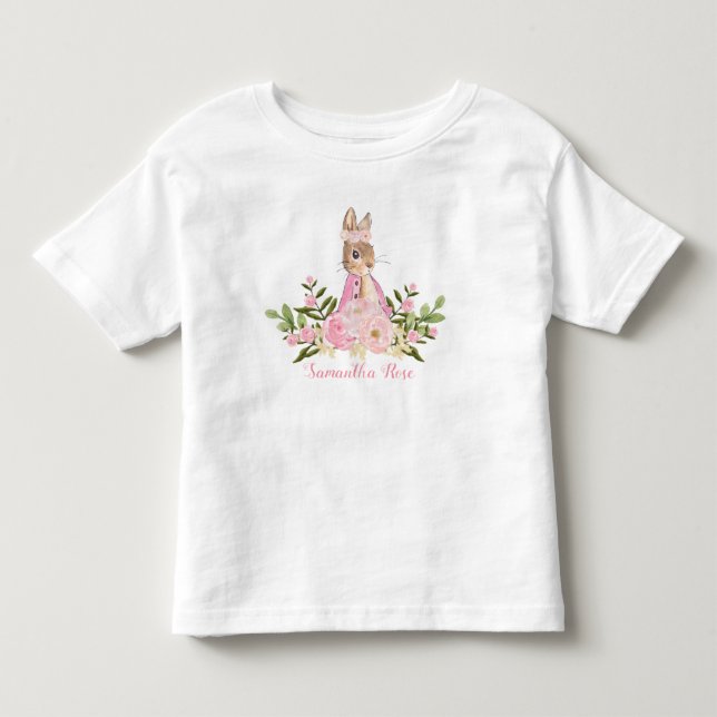 Pink Floral Baby Bunny Birthday Toddler T-Shirt (Front)