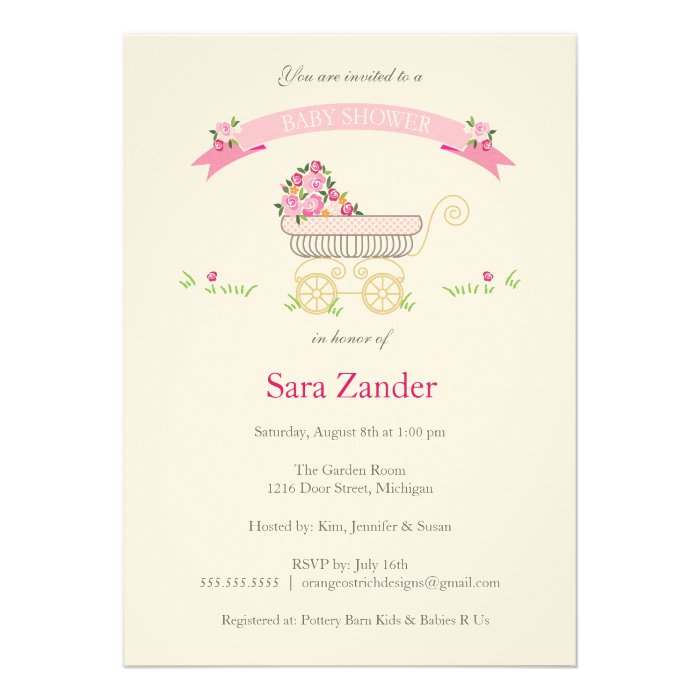 Pink Floral Baby Carriage Baby Shower Invitation