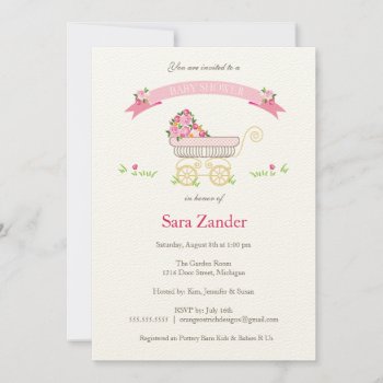 Pink Floral Baby Carriage Baby Shower Invitation by OrangeOstrichDesigns at Zazzle
