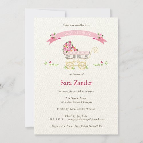 Pink Floral Baby Carriage Baby Shower Invitation