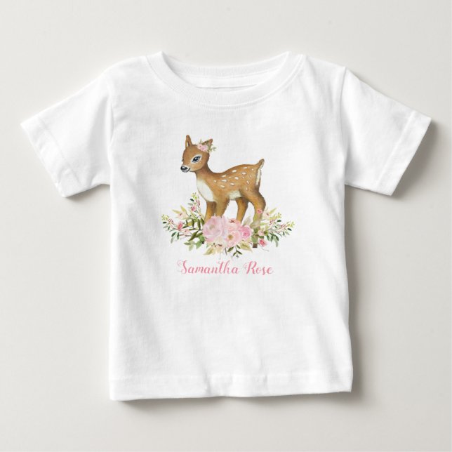 Pink Floral Baby Deer Birthday Toddler T-Shirt (Front)