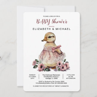 Pink Floral Baby Duck Baby Shower  for Girl Invitation