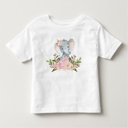 Pink Floral Baby Elephant Birthday Toddler T_Shirt