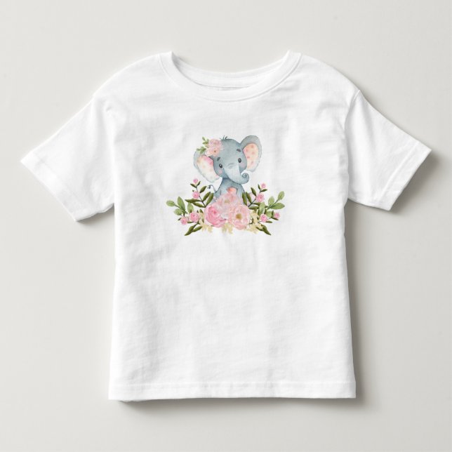 Pink Floral Baby Elephant Birthday Toddler T-Shirt (Front)