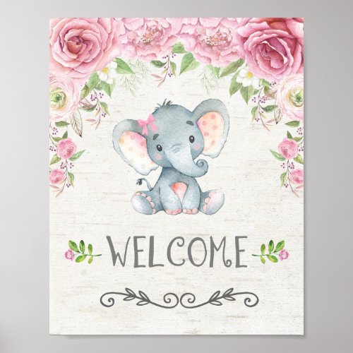 Pink Floral Baby Elephant Girl Welcome Sign Poster