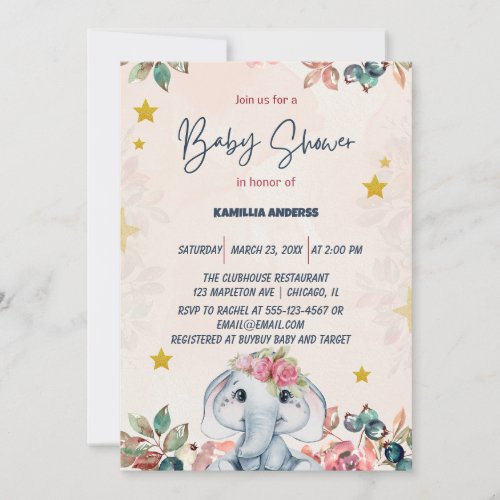 Pink floral baby elephant   invitation