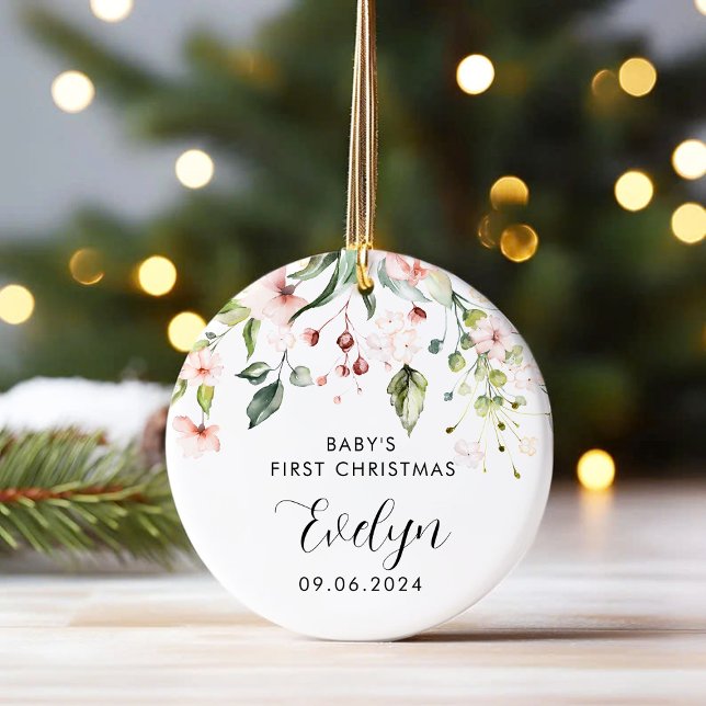 Pink Floral Baby First Christmas Baby   Ceramic Ornament (Creator Uploaded)
