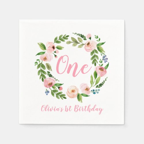 Pink Floral Baby Girl 1st Birthday Party Napkin