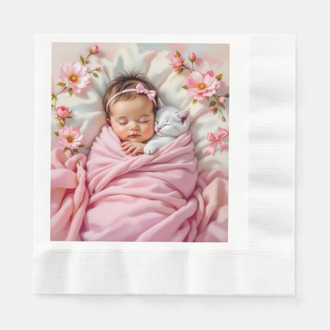 Pink Floral Baby Girl and White Kitten Napkins (Front)