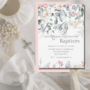 Pink Floral Baby Girl Baby Baptism Invitation