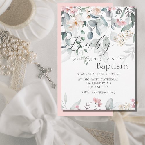 Pink Floral Baby Girl Baby Baptism Invitation