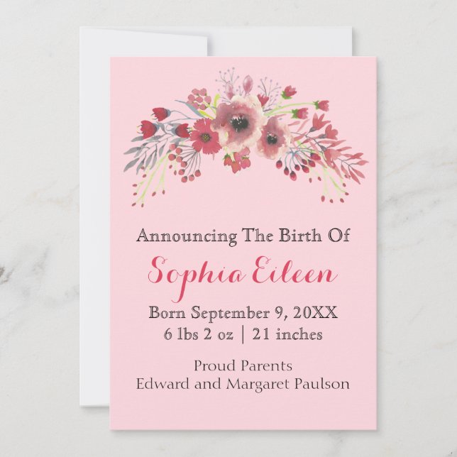 Pink Floral Baby Girl Birth Announcement (Front)