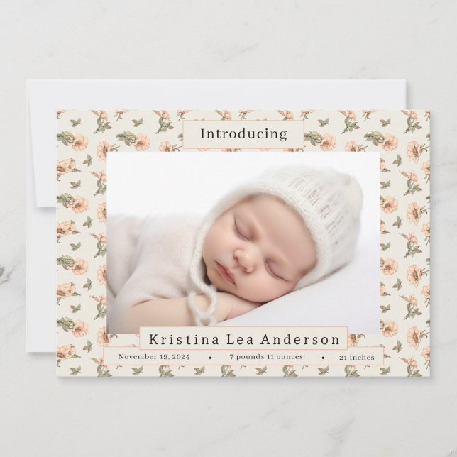 Pink Floral Baby Girl Birth Announcement (Front)