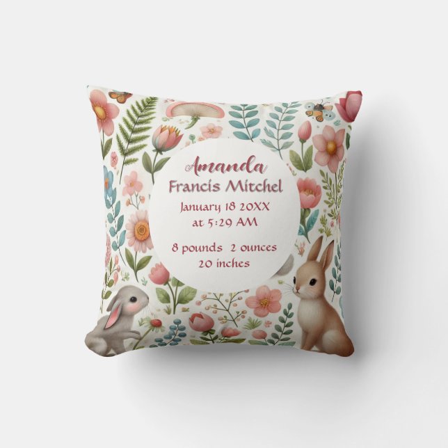 Pink  Floral Baby Girl Birth Stats Square Pillow (Front)