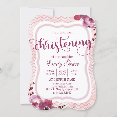 Pink Floral Baby Girl Christening Invitation