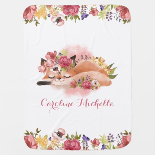 Pink Floral Baby Girl Fox Cozy Nursery Baby Blanket