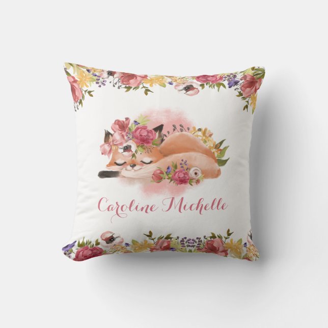 Pink Floral Baby Girl Fox Nursery Decor Throw Pillow (Front)