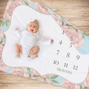 Pink Floral Baby Girl Milestone Personalized Blanket