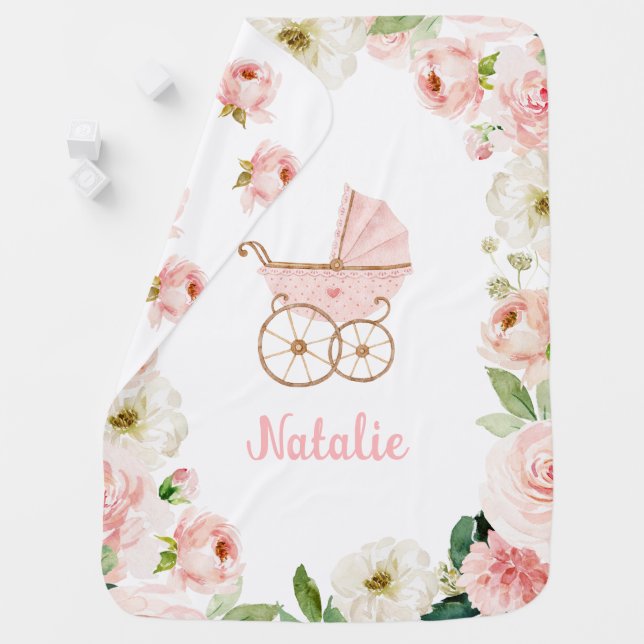 Pink Floral Baby Girl Personalized Blanket (In Situ)