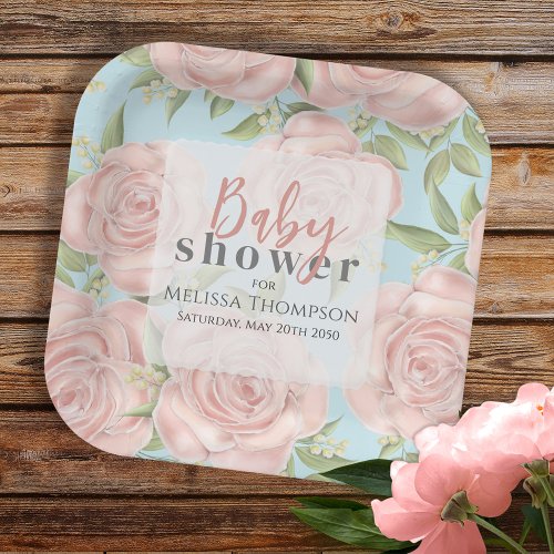 Pink Floral Baby Girl Shower Botanical Blush Rose Paper Plates