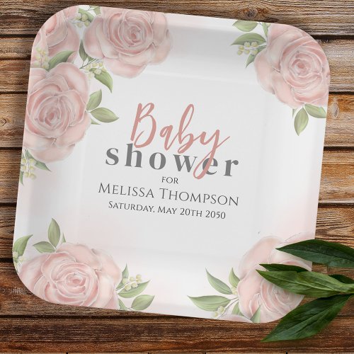 Pink Floral Baby Girl Shower Botanical Blush Rose Paper Plates