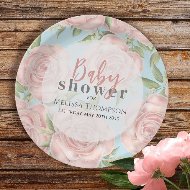 Pink Floral Baby Girl Shower Botanical Blush Rose Paper Plates (Creator Uploaded)